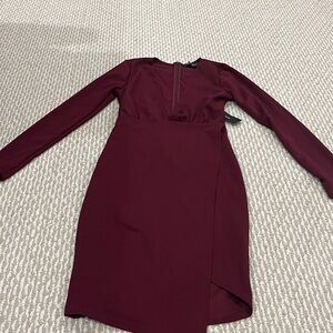 Elegant Burgundy Long Sleeve Deep V Dress
